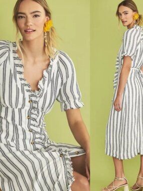 Pilcro Anthropologie Striped Linen Blend Ruffle Button Front Midi Dress Size 0